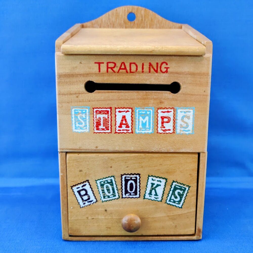 Vintage 1950s Wood Trading Stamps & Book Saver Box w/Flip Top